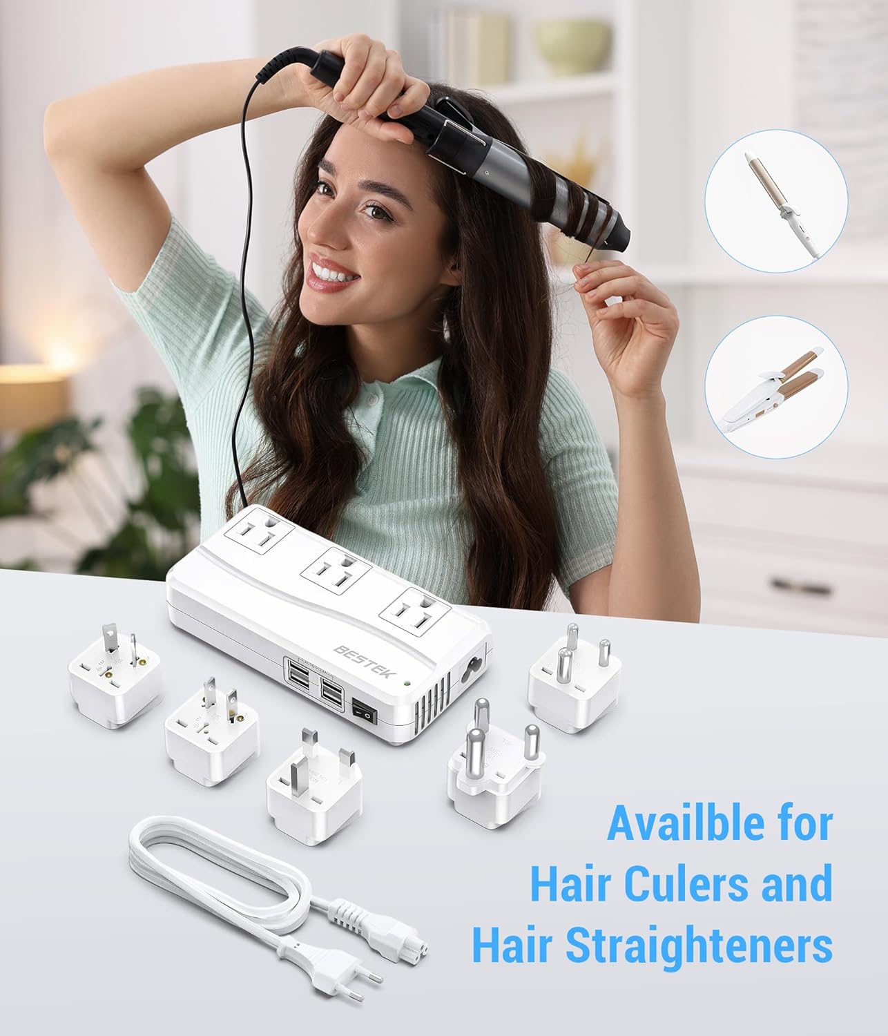 BESTEK International Power Adapter 250W, 220V to 110V Step Down Travel Voltage Converter with 4-Port USB Including US/AU/EU/UK//India/South Africa Plug Adapter (White) - Image 4