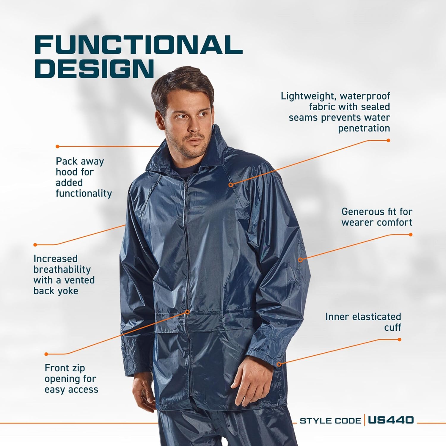 Portwest US440 Classic Waterproof Rain Jacket wth Pack Away Hood & Sealed Seams, Navy, Medium - Image 3